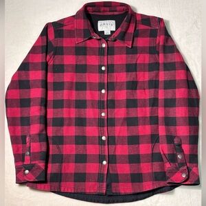 Orvis Womens Buffalo Plaid Snap Front Fleece Lined Jacket Sz Large  Red Black